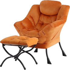 Tiita Lazy Chair with Ottoman, Modern Large Accent Lounge Armchair, Comfy Leisure Sofa Reading Chair with Footrest for Bedroom, Living Room, Dorm Rooms, Garden and Courtyard, Velvet Orange