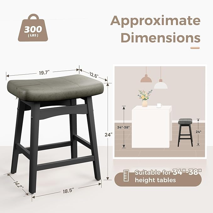 MAISON ARTS Wood Counter Height Bar Stools Set of 3 for Kitchen Counter Solid Wood Legs with Faux Leather Saddle Seat Farmhouse Barstools for 34"-38" Counter Island Upholstered Stools, 24in Grey