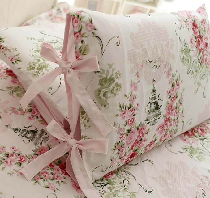 FADFAY Rose Floral 4 Piece Bed Sheet Set 100% Cotton Deep Pocket-Twin