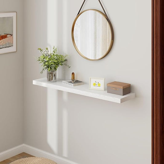 Fun Memories Farmhouse Floating Shelves for Wall, 48 x 9.3 Large Floating Shelf Wall Mounted, Rustic Wood Shelves for Bathroom, Kitchen, Living, Heavy-Duty Storage Deep Shelf for Books, Decor, White