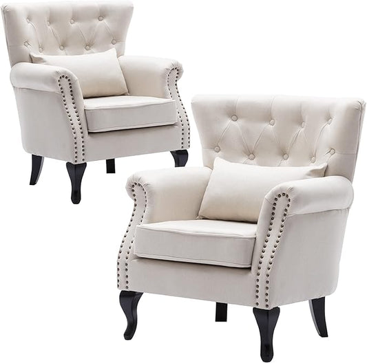 Set of 2 Mid-Century Modern Accent Chair, Linen Fabric Armchair w/Tufted Back/Wood Legs, Upholstered Lounge Arm Chair Single Sofa for Living Room Bedroom, Beige