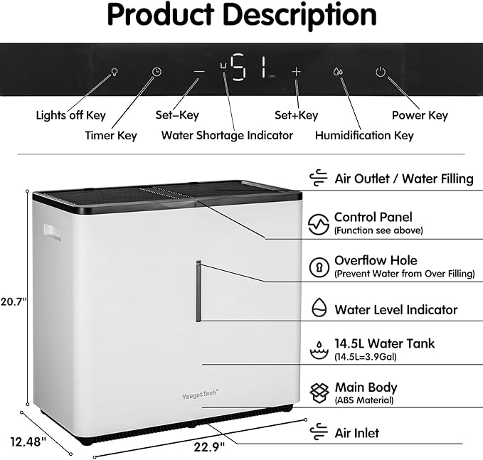 Evaporative Humidifiers |14.5 L(3.9 Gal) Tank for Whole Room Humidifier | 60 W Cool No Mist Humidifiers | 7 Speed | MAX Output 3000 ml/h | Auto Humid | Top Filling