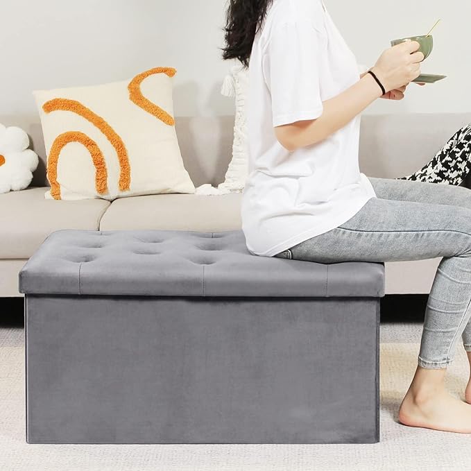 B FSOBEIIALEO Folding Storage Ottoman, Long Ottomans Shoes Bench, Velvet Storaeg Chest Footrest Seat 31.5"x15.7"x15.7" (Grey, Large)
