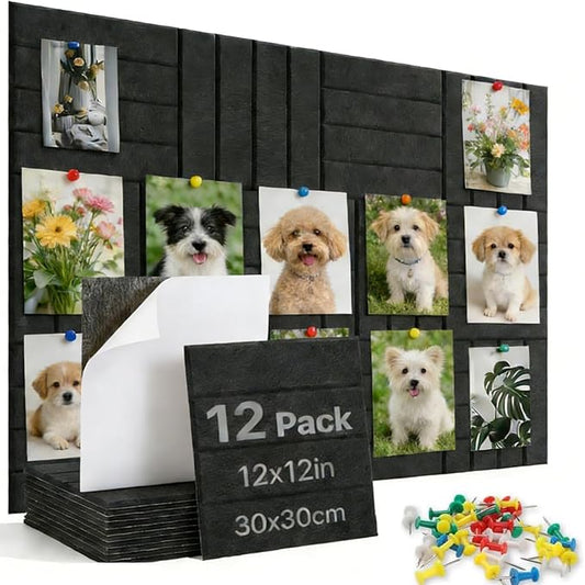 Felt Bulletin Board Tiles,Large Cork Board Alternative with 35 Pushpins,Black Bulletin Board, 12 Pack 12"X12"X0.4" Felt Cork Board Tiles with Self Adhesive for Office Pin Board, Home & Classroom