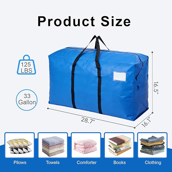 4 Pack Heavy Duty Moving Bags with Backpack Straps & Handles, Large Storage Bags with Zipper for Clothes, College Moving Supplies and Dorm Essentials (33 Gal, Blue)