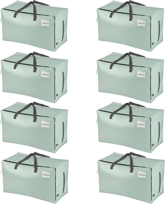 VENO 8 Pack Moving Bags and Large Christmas Decoration Storage Bins with lids. Alternative to Moving Boxes, Packing Supplies for College. Heavy Duty Totes (Shiny Light Green, 8 Pack)