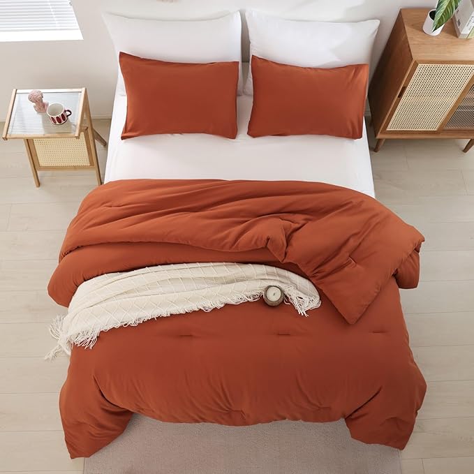 ROSGONIA Full Size Comforter Sets for Girls Boys Teens Burnt Orange,3pcs(1 Boho Comforter & 2 Pillowcases) Terracotta Dorm Bedding Kids Comforter Sets