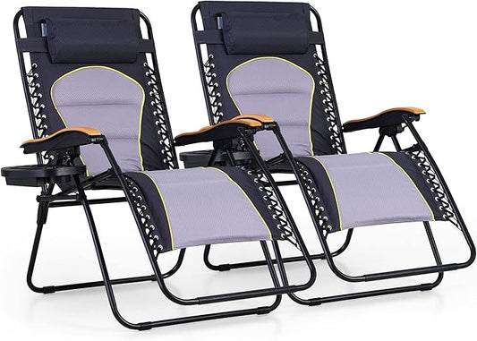 PHI VILLA XXL Oversized Padded Zero Gravity Chair Set of 2, Foldable Patio Recliner, 30" Wide Seat Anti Gravity Lounger with Armrest and Cup Holder, Support 400 LBS (Grey Accents)