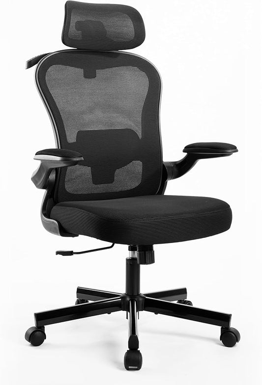 ALPHA HOME Ergonomic Office Chair with Massage Function&Coat Hunger, High-Back Mesh Computer Chair with Lumbar Support, Adjustable Height&Headrest&Flip-up Armrest, 360° Swivel Wheels, SGS Certified