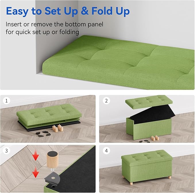 BRIAN & DANY 30 Inches Folding Storage Ottoman Bench, Ottoman with Storage Bench for Bedroom, Living Room, Entryway, Foot Rest with Legs, Bright Green