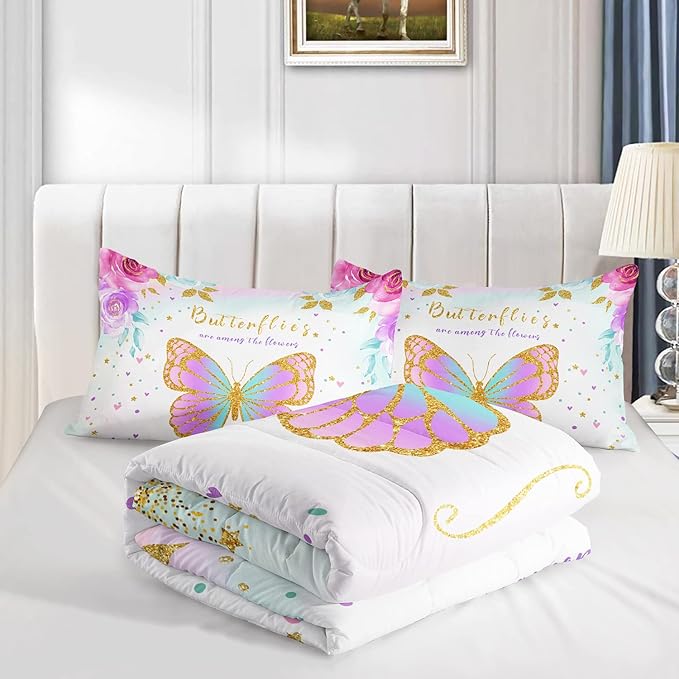 CVHOUSE Butterfly Bedding Set - Twin Butterfly Comforter Set with 1 Comforter and 2 Pillow Cases - 3 Piece