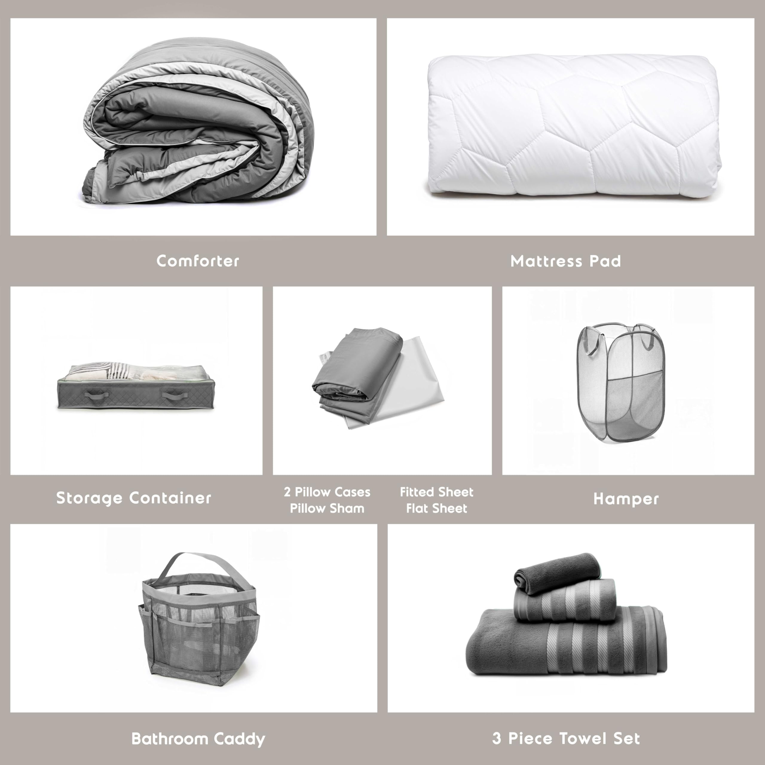 Hearth & Harbor Complete Dorm Room Set, Twin XL Comforter Set, Sheet Set, Mattress Protector, Towels and Organizers - All Dorm Accessories Included Dormly