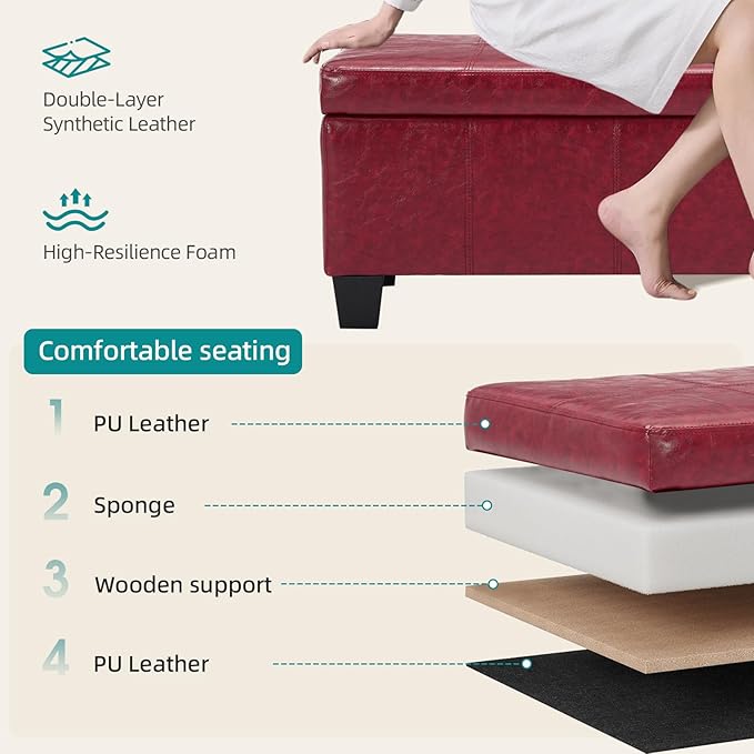 Faux Leather Storage Ottoman Bench with Hinged Lid,42 Inch Large Rectangular Footrest Stool for Bedroom End of Bed, Entryway and Living Room, Padded Seat Shoe Bench, Wine Red