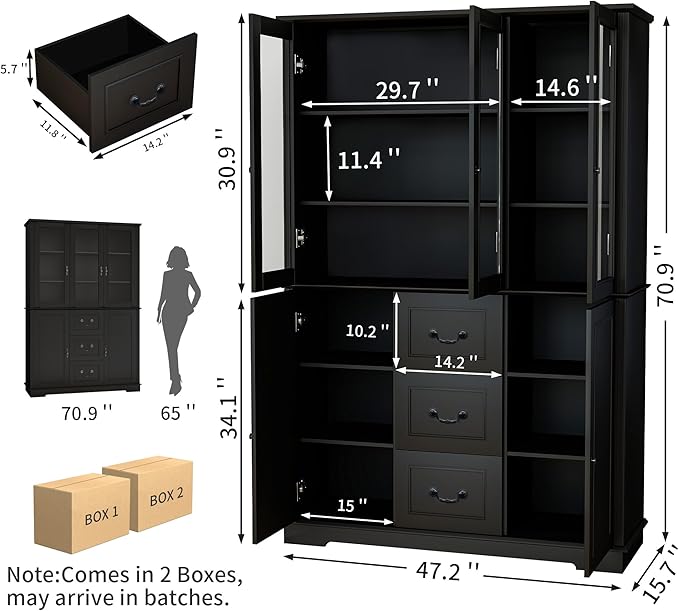 70.9" Tall Bookcase Display Storage Cabinet Hutch with Glass Doors & Drawers - Curio Display Bookshelf Kitchen Pantry for Home, Kitchen, Living Room.