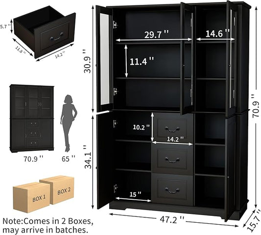 70.9" Tall Bookcase Display Storage Cabinet Hutch with Glass Doors & Drawers - Curio Display Bookshelf Kitchen Pantry for Home, Kitchen, Living Room.