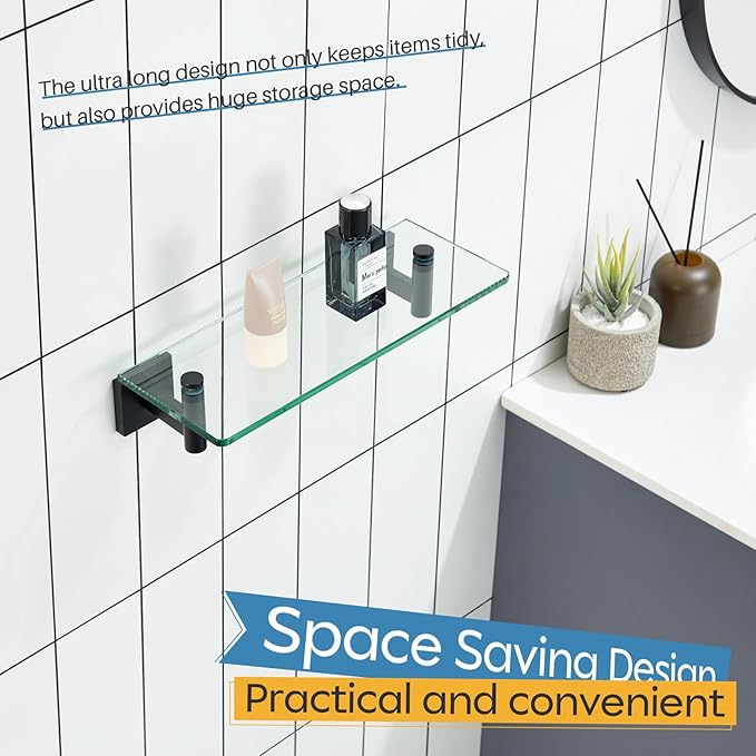 KOKOSIRI Bathroom Shelves Glass Floating Shelf 12-Inch for Bedroom Living Room Kitchen Hanging Rack Rustproof Wall Mounted Black 2 Pack B1105BK-L12-P2