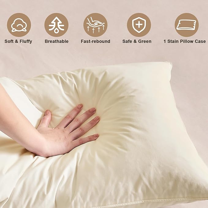 BHZ Beige Satin Goose Down Feather Pillows King Size with Pillowcase for Hair and Skin, Cooling Pillow Cases Similar to Silk Pillow Cases, Decorative for Women, Mom Men