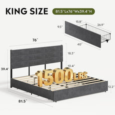 WLIVE King Size Upholstered Bed Frame with 4 Storage Drawers and Headboard, Velvet Platform Bedframe, Sturdy Metal & Wooden Slats Support, No Box Spring Needed, Easy Assembly, Dark Grey