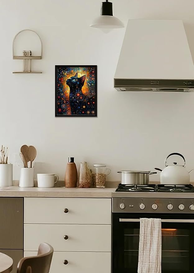Monet Style Black Cat Wall Art Prints Cat Looking Up At The Stars Poster Canvas Art Wall Decor Picture For Bedroom Office Bathroom Wall Decor Aesthetic Home Artwork 12" × 16" With Framed