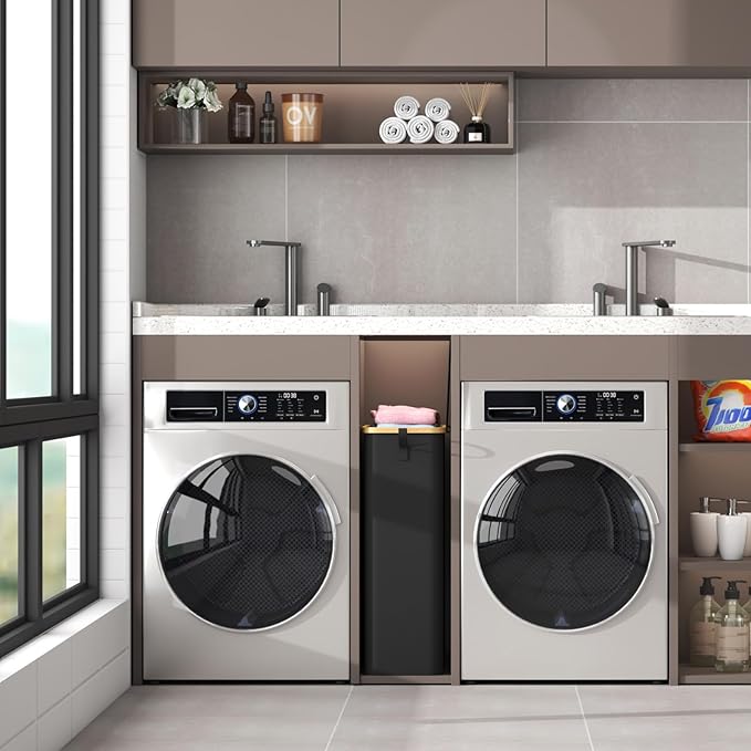 Lifewit 75L Slim Laundry Hamper with Lid, Narrow Laundry Basket with Removable Bag & Bamboo Handles, Fodable Thin Dirty Clothes Hamper for Laundry Collapsible Bin for Bathroom Bedroom Dorm, Black