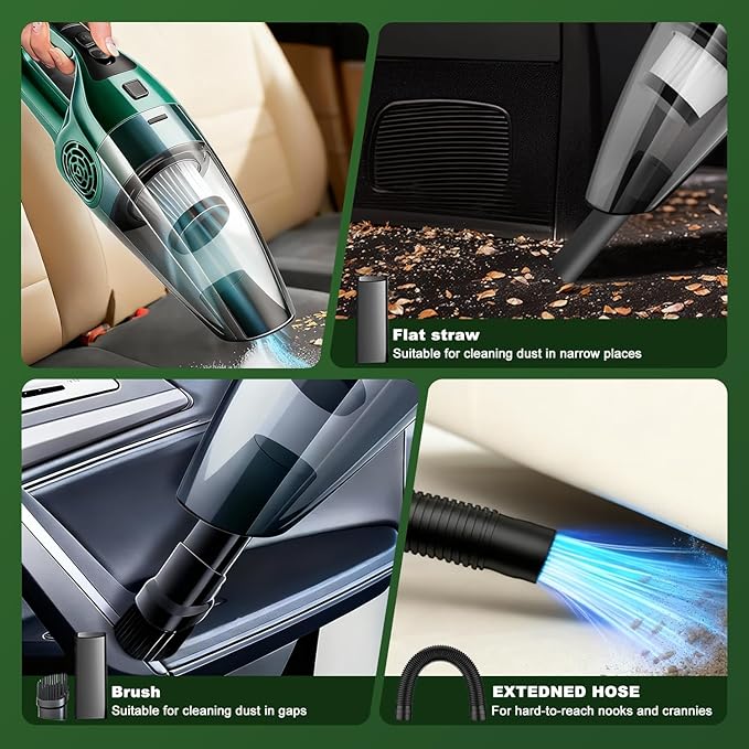 Car Vacuum Cleaner – 9000PA High Power Suction, DC 12V Portable Handheld Auto Vacuum with Attachments, Mini Car Interior Cleaner for Pet Hair, Dust, Crumbs, and Debris (Green)