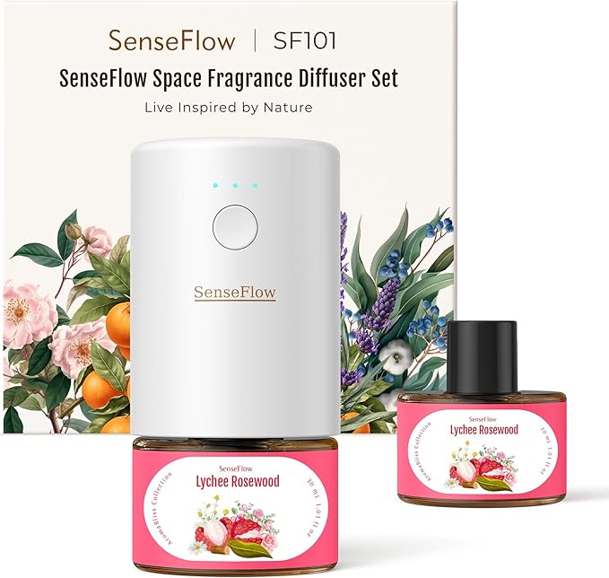 SF101 Pro Waterless Plug-In Air Freshener, 100% Plant-Based Ultrasonic Diffuser, Adjustable 120-Day Scent Air Mist, Covers 100㎡ for Home, Hotel-Lychee Rosewood