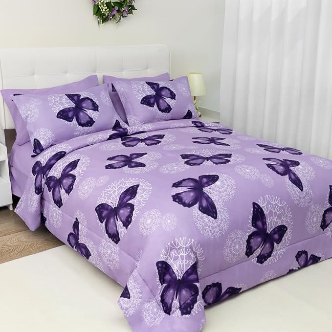 ARTALL Bed in A Bag Twin Size 6 Pieces, Purple Butterfly All Season Bedding Comforter Bed Set with Pillow Sham, Flat Sheet, Fitted Sheet, Bed Skirt, Pillowcase