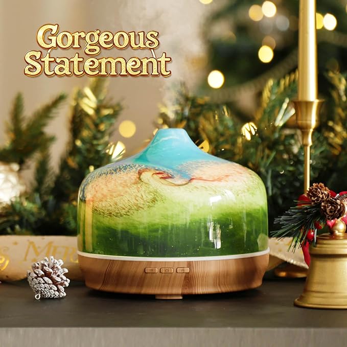 Porseme 500ml Glass Essential Oil Diffuser Aromatherapy Ultrasonic Cool Mist Humidifier 15-21 Running Hours Waterless Auto-Off Air Diffusers for Sleeping Yoga Office Working Spa and Rest (Blue Grass)