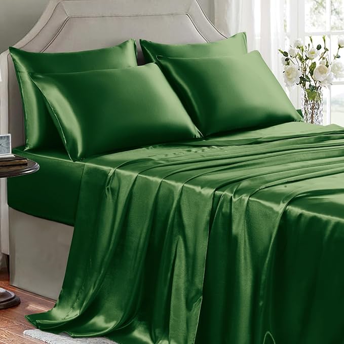 Satin Sheets King Size - 6 Pieces Luxury Silky Soft Bed Sheets, Wrinkle-Free Dark Green Satin Silk Sheet Set with 1 Deep Pocket Fitted Sheet, 1 Flat Sheet, 4 Pillow Cases