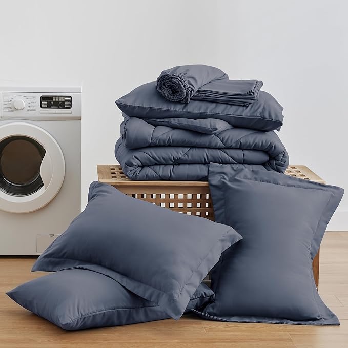 Love's cabin California King Comforter Set Navy Blue, 7 Pieces California King Bed in a Bag, All Season Bedding Sets with 1 Comforter, 1 Flat Sheet, 1 Fitted Sheet, 2 Pillowcase and 2 Pillow Sham