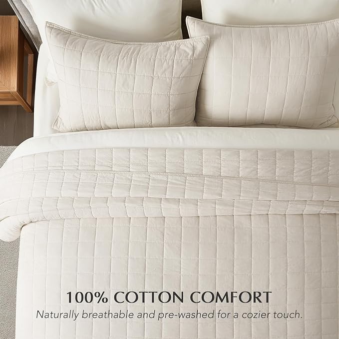 EVERGRACEHOME 100% Cotton Box Stitch Quilt Bedding Set Queen Size 3 Pieces, Garment-Washed Lightweight Soft Cozy Coverlet, Quilted Bedspread Sets with 2 Shams for All Season, Birch