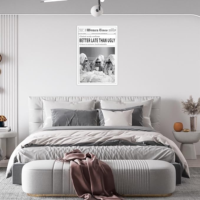 Vintage Women Times Black and White Newspaper Wall Art Better Late Than Ugly Poster Canvas Prints Funky Feminist Posters Trendy College Wall Decor for Bar Cart Girl Dorm Room 16x24inch Unframed