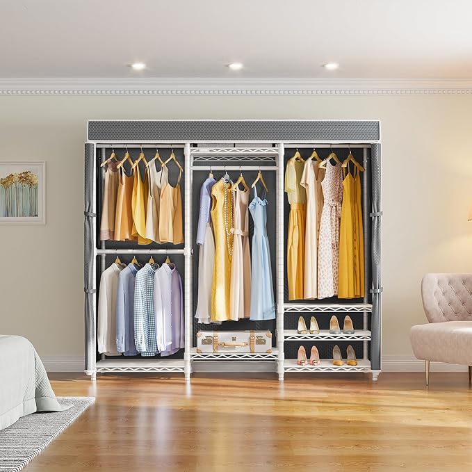 VIPEK V5C Medium Covered Clothes Rack Heavy Duty Portable Closet Wardrobe, Freestanding White Clothing Rack with Grey Upgarded Polyester Cover, Adjustable Custom Closet Rack, 57.9" Lx17.3 Wx76.4 H