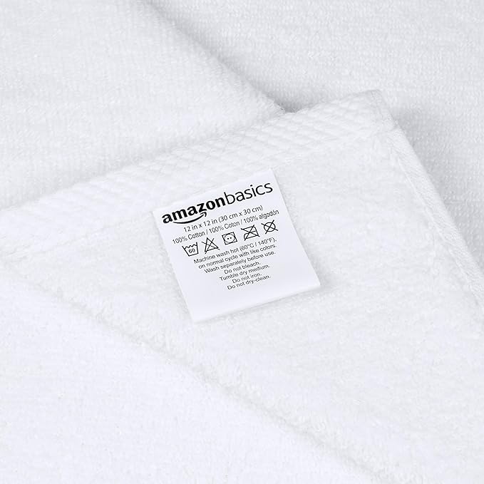 Amazon basics cotton washcloths, Lightweight quick-dry, 12" x 12", 12-pack, white