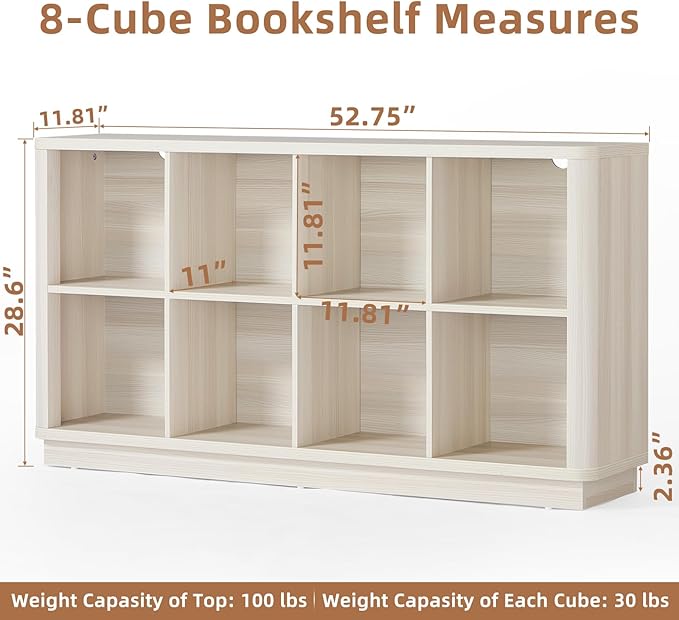 8 Cube Storage Bookcase, 52" Long Horizontal Book Shelf w/Curved Edge, Wood Floor Standing 2-Tier Cubby Console Bookshelf with Base, Modern Low TV Stand for Living Room, White Cream Oak