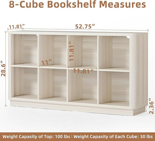 8 Cube Storage Bookcase, 52" Long Horizontal Book Shelf w/Curved Edge, Wood Floor Standing 2-Tier Cubby Console Bookshelf with Base, Modern Low TV Stand for Living Room, White Cream Oak