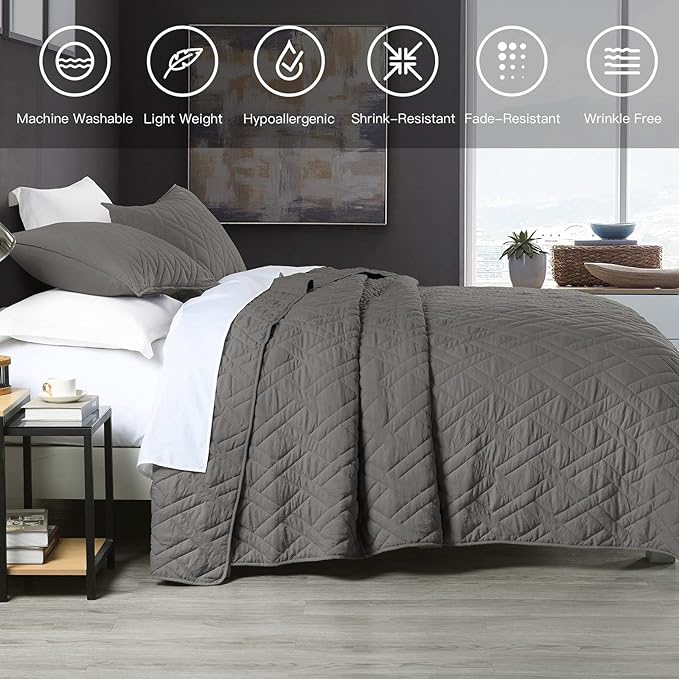 HORIMOTE HOME Quilt Set Twin Size Grey, Classic Geometric Diamond Stitched Pattern, Microfiber Ultra Soft Lightweight Bedspread Coverlet for All Season, 2 Piece Includes 1 Quilt and 1 sham