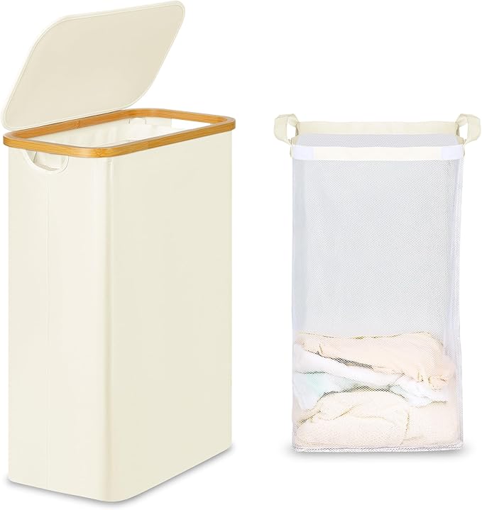 efluky Slim Laundry Basket with Lid, Narrow Laundry Hamper with Removable Bag, Skinny Dirty Clothes Basket with Bamboo Handles for Bathroom, Bedroom & Laundry Room, 65L Beige