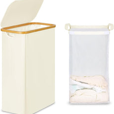 efluky Slim Laundry Basket with Lid, Narrow Laundry Hamper with Removable Bag, Skinny Dirty Clothes Basket with Bamboo Handles for Bathroom, Bedroom & Laundry Room, 65L Beige