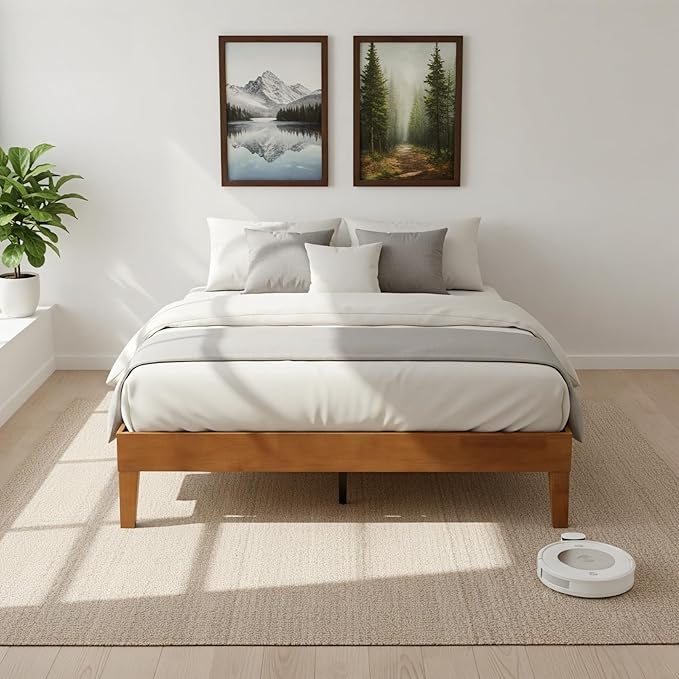 Sweetcrispy Solid Wood Bed Frame, Queen Size Bed Base with Wood Slat Support, Sturdy, Stylish & Noise-Free Design, No Box Spring Needed, Easy Assembly, Dark Brown