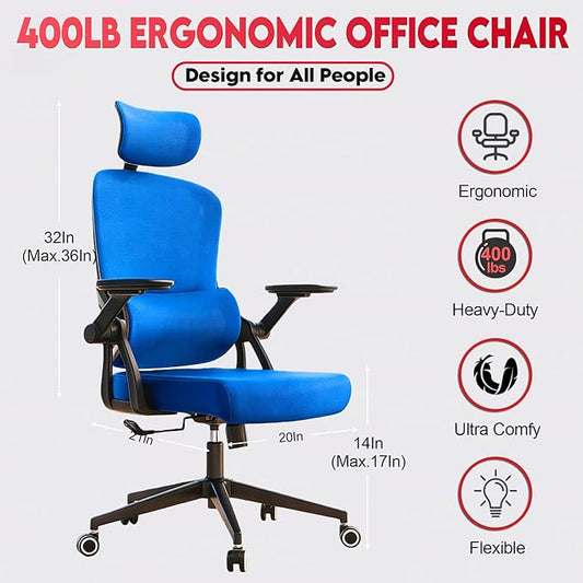 Ergonomic Office Chair - 400LB Comfy Desk Chairs with Adjustable Headrest and Lumbar Back Support, Mesh Computer Chairs with Wheels and Arms for Home Office, Study