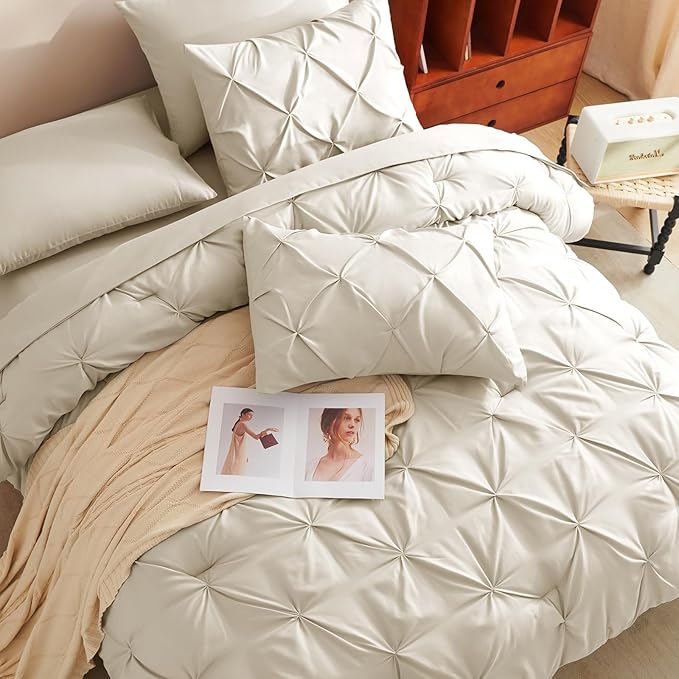 CozyLux Full Size Comforter Sets Oatmeal, 7 Pieces Pintuck Bed in A Bag Oatmeal Comforter Full Size, Pinch Pleat Bedding Sets with All Season Comforter, Sheets, Pillowcases & Shams