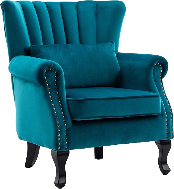 Mid Century Accent Chair Modern Tufted Wingback Armchairs Club Chair Velvet Single Sofa Lounge Chair with Pillow for Living Room, Teal Blue