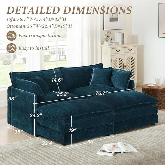 SoarFlash Chenille Sectional Sofa, Comfy Modular Coush Sofa with Ottoman, Modern 2 Seat Recliner Deep Seat Sofa Set for Living Room,Deep Blue