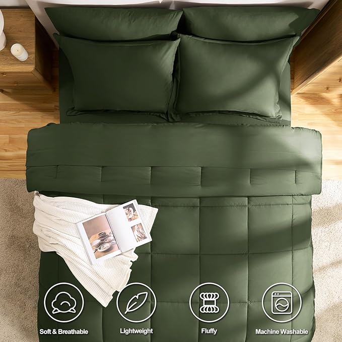 CozyLux King Size Comforter Set Olive Green - 7 Pieces Bed in a Bag King, Okeo-Tex Certifited Bedding Set, All Season Soft Bed Set with Down Alternative Comforter, Sheets, Pillowcases & Pillow Shams