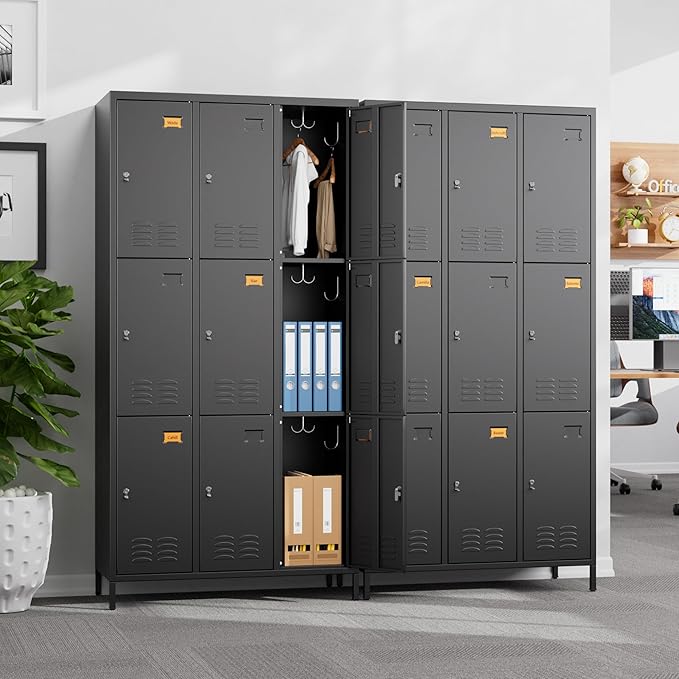 Aobabo 9 Doors Metal Storage Locker for Employees, Metal Locker with 27 Hooks for School Office Gym Garage, Black, Assembly Required