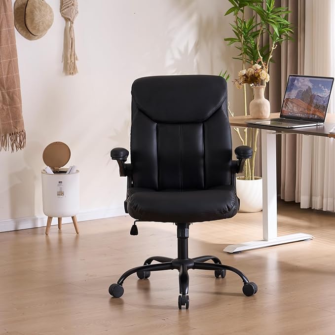 Office Chair, Ergonomic Computer Chair with Flip-up Arms Home Desk Chairs Comfy PU Leather Executive Mid Back Support Adjustable Height Tilt Lock Swivel Rolling Wheels, Black