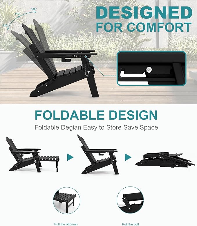 FOOWIN Adjustable Adirondack Chair with Retractable Ottoman, Folding Adirondack Chair with Cup Holder, HDPE All-Weather Fire Pit Chair for Patio, Yard, Poolside, Black