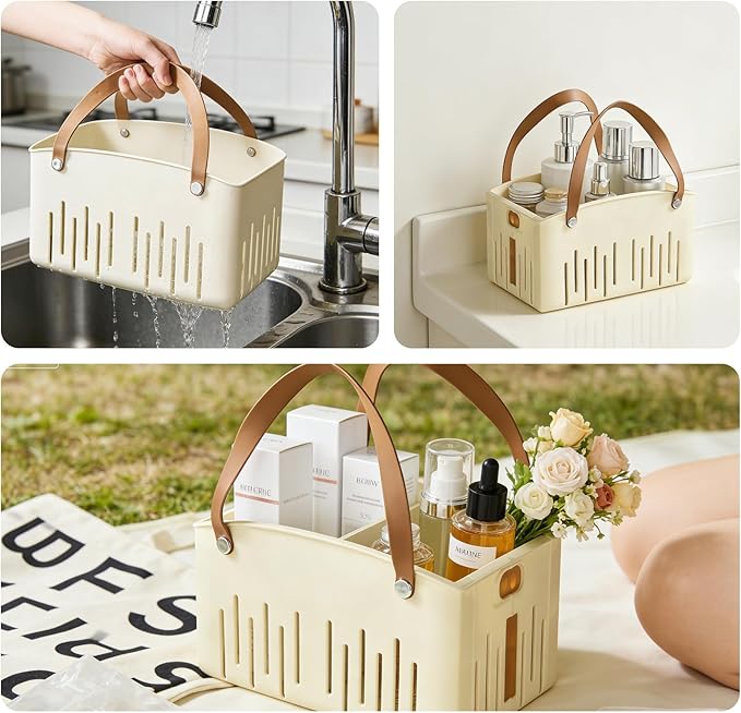 Small Shower Caddy, Shower Basket with Handle and Adjustable Divider, Portable Shower Caddy for Bathhouse, Gym, Camping, Travel (Cream)