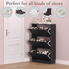 Shoe Storage Cabinet with 3 Flip Drawers,Narrow Shoe Rack Cabinet,Freestanding Organizer Storage for Entryway, Hallway, Black